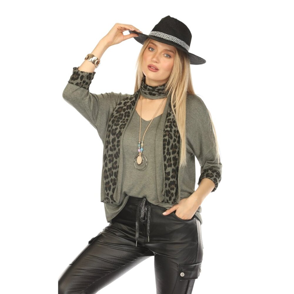 Olive Top With Leopard Print Scarf
